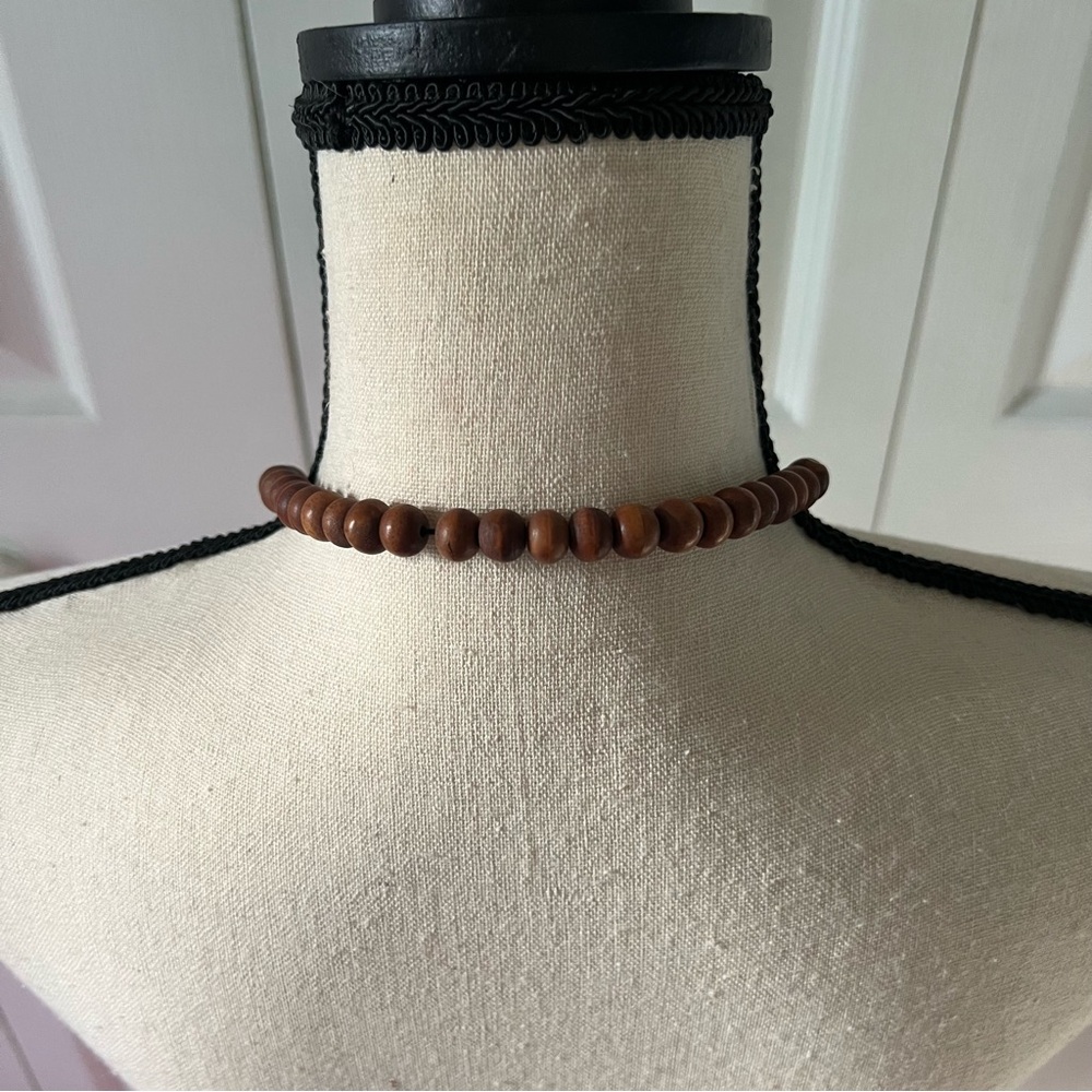 Boho Vintage Striped Chunky Wood Beaded Necklace - Picture 3 of 7